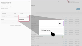 A student's list of college document requests. The letter of recommendation request is highlighted. The three-dot menu is open and the cursor is selecting Upload letter.